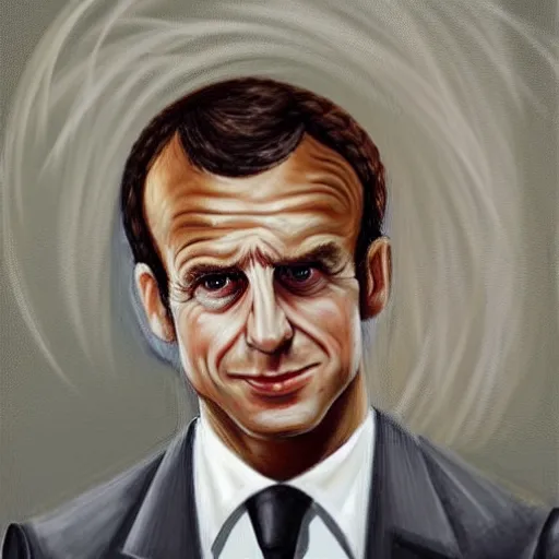 Image similar to highly realistic painting of Emmanuel Macron in American Psycho (1999)