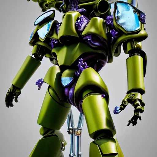 Image similar to drippy liquid metal combat mecha, gouf evangelion, bismuth mechanical exoskeleton wearing hardsurface armour holding scifi weapons, sculpted by spider zero, jeff koons, chihuly, trending on artstation # chihuly # evagelion # chihuly