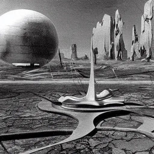 Prompt: old photograph from a strange alien city, hollow earth, black and white