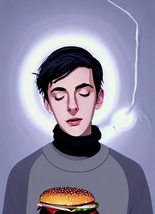 Image similar to portrait of teenage jughead jones wearing a light grey crown, crown, eating hamburger, blue turtleneck, eyes closed, crown, black hair, intricate, elegant, glowing lights, warm lighting, highly detailed, digital painting, artstation, concept art, smooth, sharp focus, illustration, art by wlop, mars ravelo and greg rutkowski