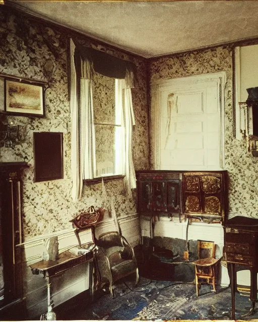 Image similar to the interior of an old house in devonshire that is probably haunted, delicate embellishments, painterly, offset printing technique, photographed on kodachrome by brom, robert henri, walter popp