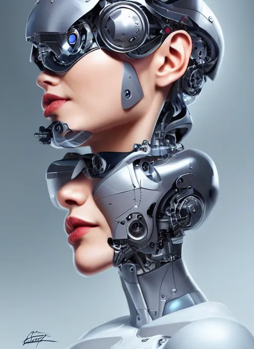 Image similar to portrait of a cyborg woman who turns her head to the ((((((right))))) left+150 (((((up))))) (((((down))))) by Artgerm,eyes closed , biomechanical, hyper detailled, trending on artstation