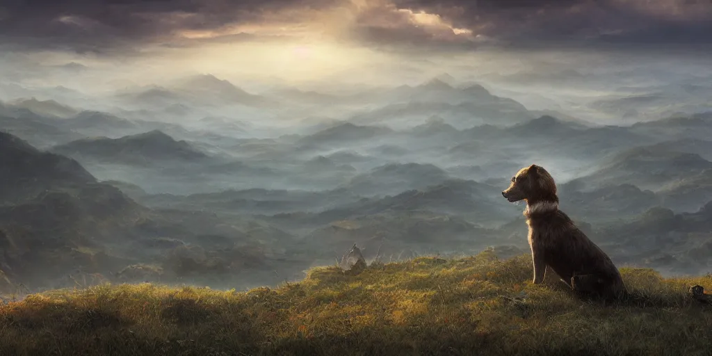 Prompt: breathtaking detailed concept art painting of a lone dog on the top of a hill overlooking a small town, by hsiao - ron cheng, extremely moody lighting, 8 k