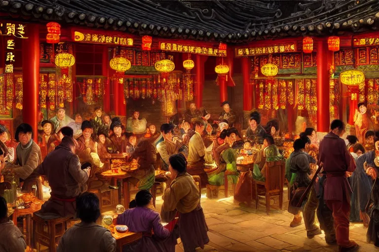 Image similar to fantasy art of a bustling tavern in china, at night, by james c christensen, highly detailed digital art, trending on artstation