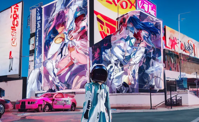 Prompt: billboard advertisement with an extremely beautiful photo of a white marble statue of an anime girl with colorful motocross logos and motorcycle helmet with closed visor, colorful smoke in the background, carved marble statue, fine art, neon genesis evangelion, virgil abloh, offwhite, denoise, highly detailed, 8 k, hyperreal