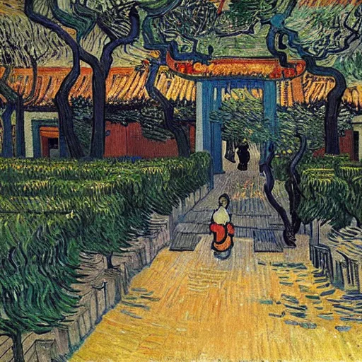 Prompt: Suzhou traditional garden, Vincent van Gogh, Satan