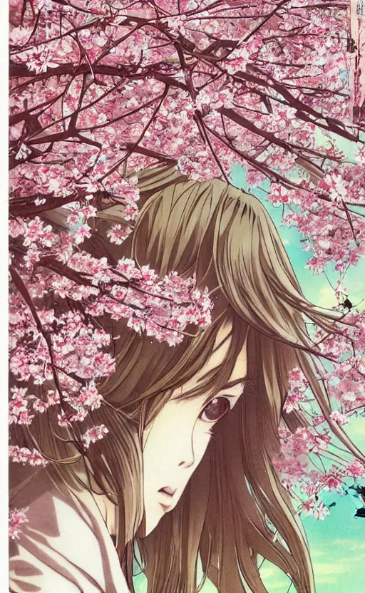 Image similar to by akio watanabe, manga art, realistic anatomy, a blondee girl and blossoming sakura petals, trading card front, kimono, sun in the background