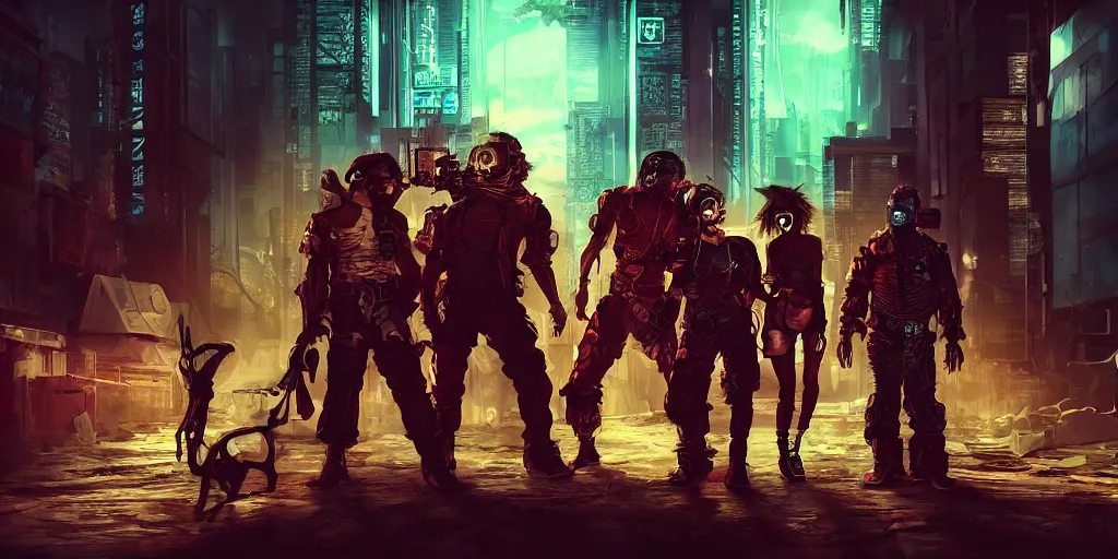 Image similar to cyberpunk cat gang posing, fallout 5, studio lighting, deep colors, apocalyptic setting, sneak