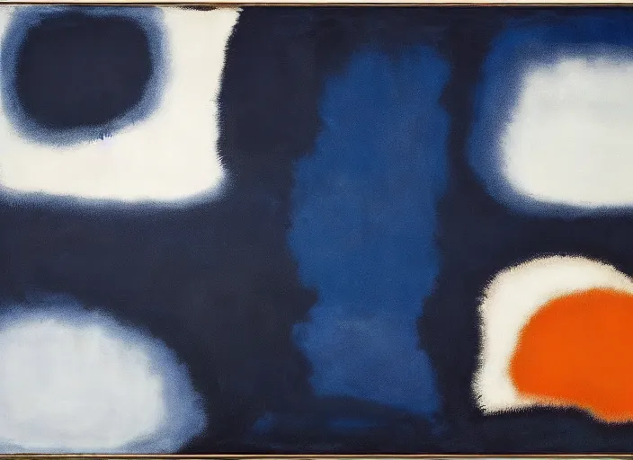 Image similar to abstract half moon in dark blue, white, orange, painted by Mark Rothko, Julian Schnabel, Helen Frankenthaler, Pat Steir and Hilma af Klint, abstract painting, color field painting. 8k, pastose, extreme detail, intricate detail, masterpiece