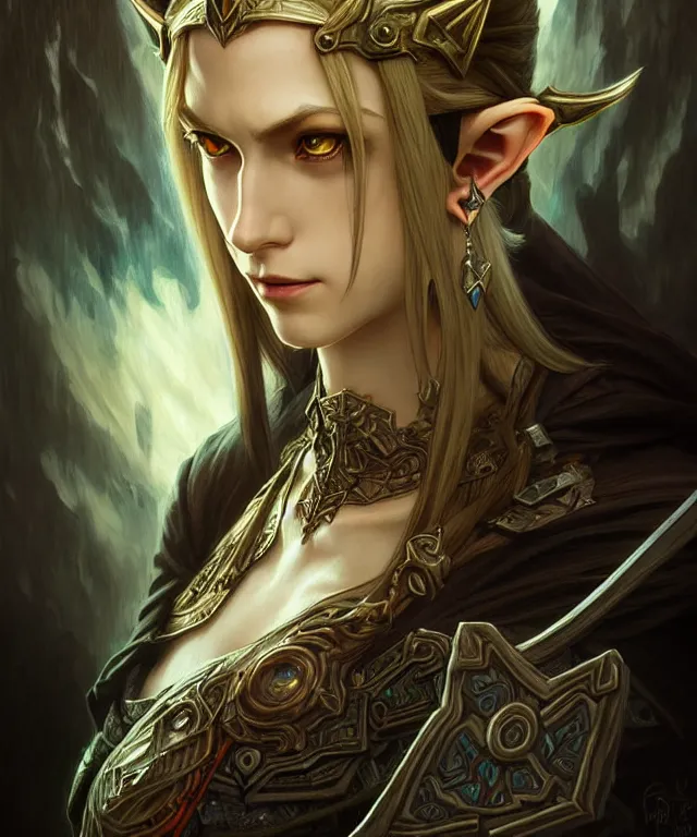 Image similar to dark fantasy, link legend of Zelda twilight Princess portrait, dark surrealist , fantasy, intricate, elegant, highly detailed, digital painting, artstation, concept art, smooth, sharp focus, illustration, art by artgerm and greg rutkowski and alphonse mucha