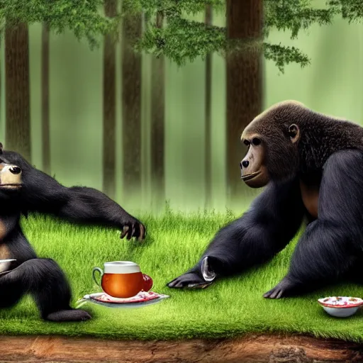 Image similar to bear and gorilla having a tea party in the middle of the woods, hyper realistic, 4 k, hd, highly detailed