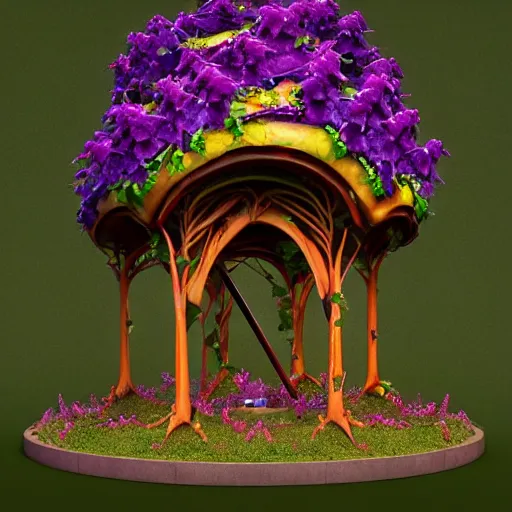 Image similar to A small structure with a dome-shaped roof made from purple vines and some large red flowers with yellow petals at the top, a tall orcish figure stands still inside with its body covered in vines and a large purple crystal at the center, full body render with Vignetting, high-poly count, stylized organic shapes, rendering with Substance Source, detail and texture baked, 8k rendered with Arnold, Vray, Photoshop, ZBrush, Substance Source, Maxwell, Corona and Mental Ray, cinematic lighting and VFX work