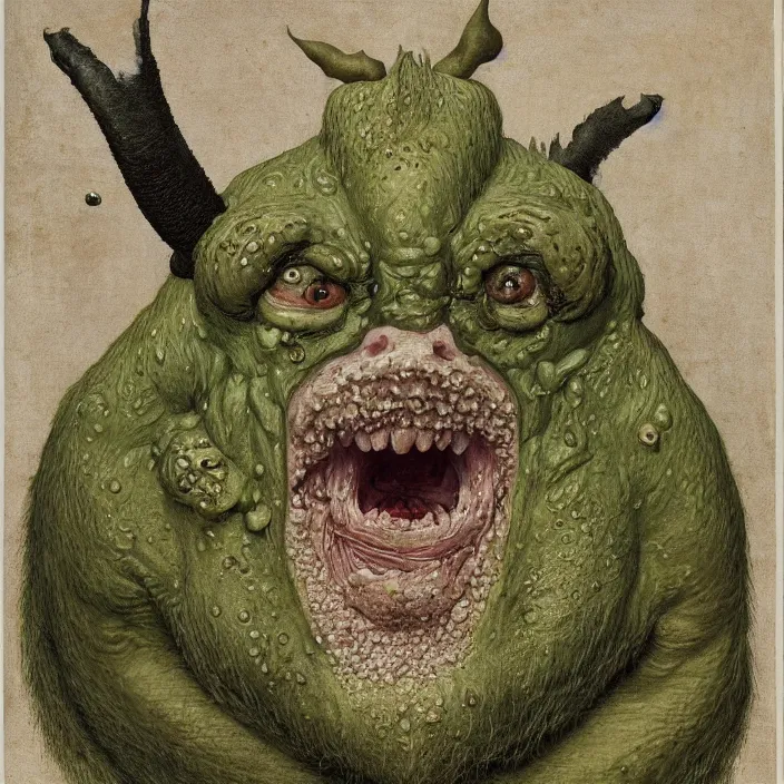 Prompt: close up portrait of a mutant monster creature with cheeks covered in purulent pustules, pimples at different stages, some fresh, some bursting with a whitish fluid ; pleasant, flirty green eyes, very large transparent bat ears. jan van eyck, walton ford