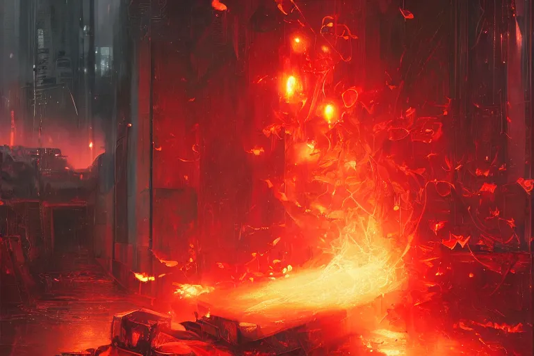 Prompt: arcs of flame, simulation of water splashes, shards of mercury, dramatic lighting, cyberpunk neon, secret cypher, red flowers, solar flares, intricate art by John Collier and Albert Aublet and Krenz Cushart and Artem Demura