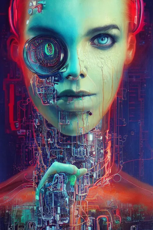 Image similar to portrait of computer & circuits, melting, moistcritikal, 8 k, by tristan eaton, stanley artgermm, tom bagshaw, greg rutkowski, carne griffiths, ayami kojima, beksinski, giger, trending on deviantart, face enhance, hyper detailed, minimalist, cybernetic, android, blade runner, full of colour, super detailed