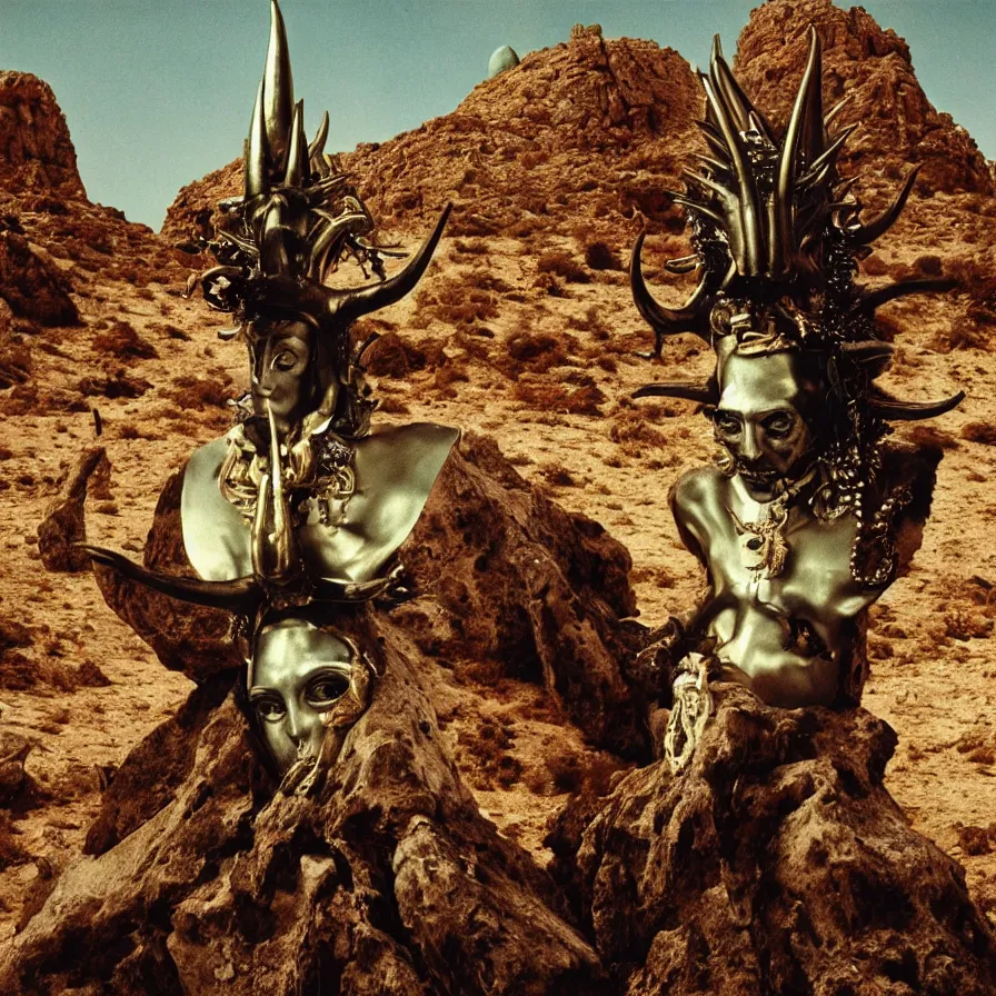 Image similar to portrait of salvador dali wearing a horned crown and costume with jewels in a dry rocky desert landscape, alien spaceship by giger, film still from the movie by alejandro jodorowsky with cinematogrophy of christopher doyle and art direction by hans giger, anamorphic lens, kodakchrome, very detailed photo, 8 k