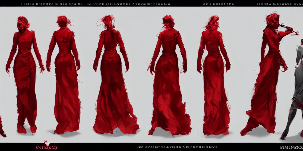 Image similar to lady in red, character sheet, concept design, contrast, kim jung gi, greg rutkowski, zabrocki, karlkka, jayison devadas, trending on artstation, 8 k, ultra wide angle, pincushion lens effect