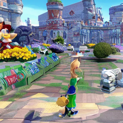 Prompt: screenshot of kingdom hearts 3, Disney and final fantasy crossover, donald duck and goofy npc characters, Kingdom hearts styled gameplay, unreal engine 4, kingdom hearts 3, kingdom hearts, godrays, realistic lighting, pirates of the carribean, rapunzel, cinderella, disneys frozen, toy story 2, monsters inc, First person shooter game hud