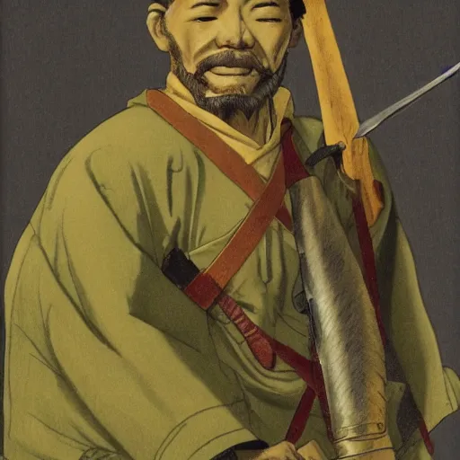 Prompt: a medieval hunter man with japanese ethnicity and stubble, chartreuse color scheme, fantasy character portrait by gustave baumann