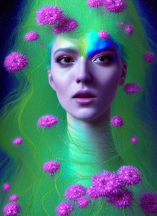 Prompt: hyper detailed 3d render like a chiariscuro Oil painting - Aurora (Singer) looking adorable and seen in attractive dynamic pose joyfully Eating of the fine Strangling network of thin filaments of yellowcake aerochrome and milky Fruit and Her delicate Hands hold of gossamer polyp blossoms bring iridescent fungal flowers whose spores black the foolish stars to her smirking mouth by Jacek Yerka, Mariusz Lewandowski, Houdini algorithmic generative render, Abstract brush strokes, Masterpiece, Edward Hopper and James Gilleard, Zdzislaw Beksinski, Mark Ryden, Wolfgang Lettl, hints of Yayoi Kasuma, octane render, 8k