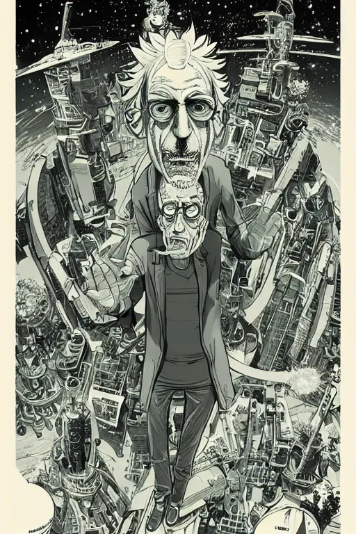 Prompt: Christopher Lloyd as Rick Sanchez, Rick and Morty save the multiverse, science fiction, retro cover, high details, intricate details, by vincent di fate, artgerm julie bell beeple, 60s, inking, vintage 60s print, screen print