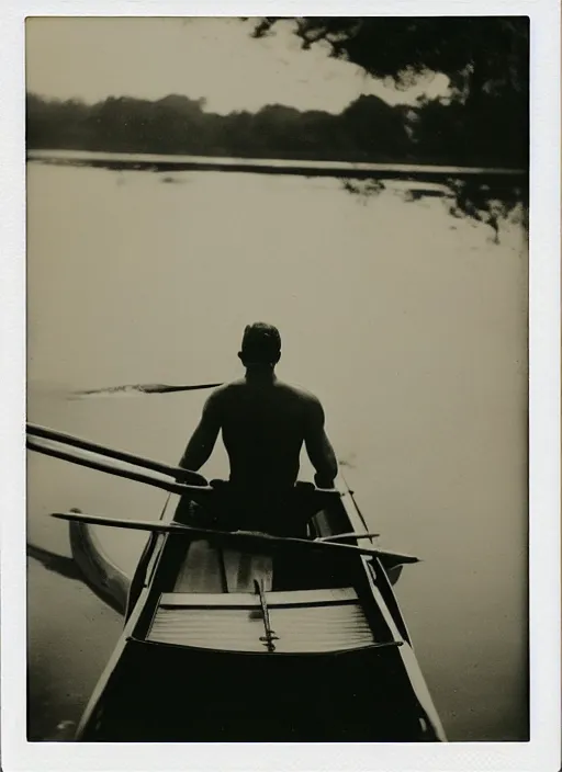 Image similar to a man rowing a rowboat, flash polaroid photo by george hurrell, hazy light rays