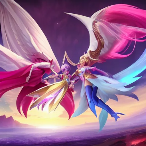 Image similar to star guardian xayah and star guardian kai'sa are friends, league of legends, by weta digital, 3 - dimensional, photograph, hyper relealistic, rays of shimmering light