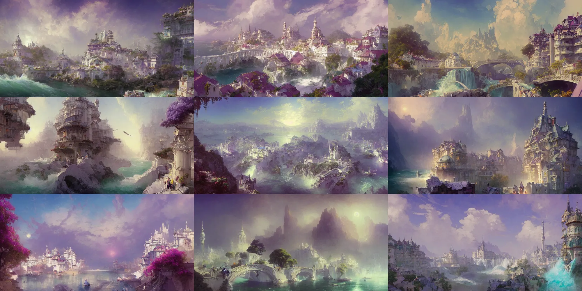 Prompt: fantasy coastal city with river and waterfalls, white buildings with lavender color roofs, bridges, lilac bushes, art nouveau architecture, fantasy, art by joseph leyendecker, peter mohrbacher, ivan aivazovsky, ruan jia, reza afshar, marc simonetti