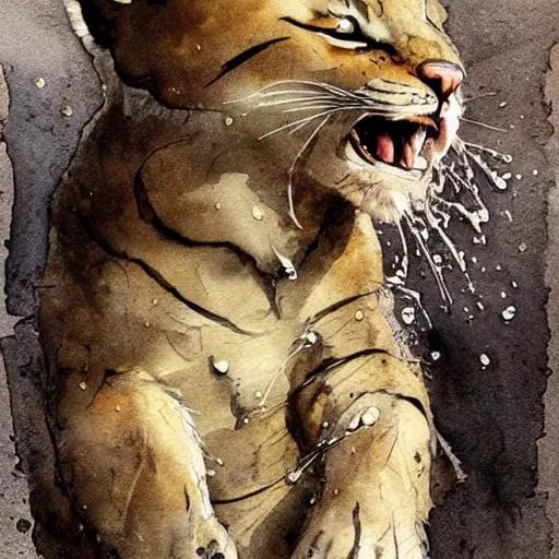 Prompt: vicious roaring kitty by Jean-Baptiste Monge, post processing, painterly, book illustration watercolor granular splatter dripping paper texture. Trending on artstation, post processing, pen and ink work. sharp focus.