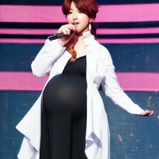 Prompt: pregnant jungkook from bts with big belly on stage, photograph