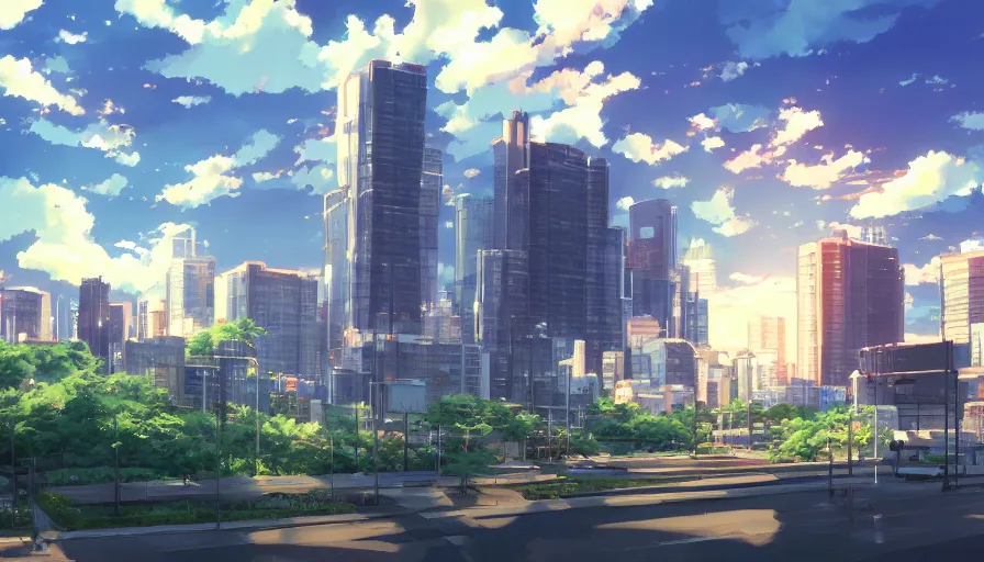 Image similar to cityscape, makoto shinkai style, anime, pixiv fanbox, sunny, blue skies