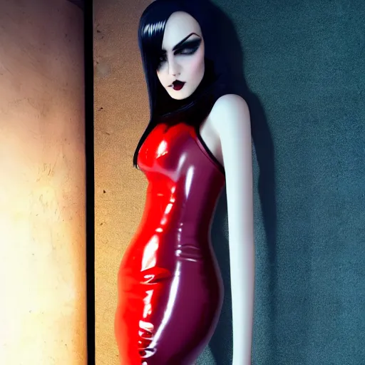 Prompt: a feminine curvy pale young hot goth cutie wearing a red-silver-gold-black latex-nylon high-neck dress, dark eyeshadow, eyelashes, cgsociety, photorealistic, sublime-hyperadvanced-amorous ambience, 16k, smooth, sharp focus, trending on ArtStation, volumetric lighting, fully clothed, thin waist