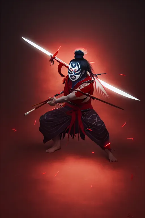 Image similar to portrait of a mad kabuki warrior wielding a spear doing a mie and emitting a visible aura of madness, crossed eyes, hazy, greg rutkowski style, high quality, 8 k,