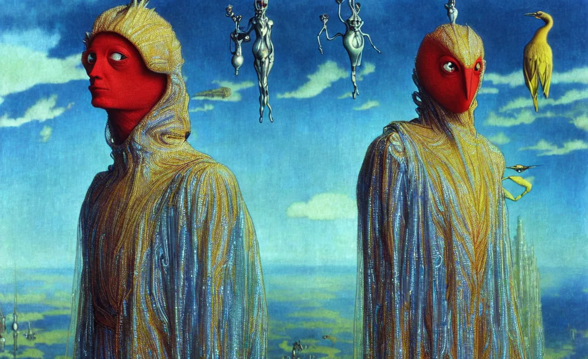 Image similar to realistic detailed portrait movie shot of a birdman wearing reflective transparent robes, sci fi city landscape background by denis villeneuve, amano, yves tanguy, alphonse mucha, ernst haeckel, max ernst, roger dean, masterpiece, rich moody colours, blue eyes