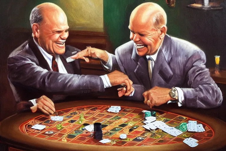 Prompt: young don rickles and young johnny carson are laughing and playing poker in a smoky old pub, oil painting by wilson mclean, sharp focus, masterpiece, highly detailed