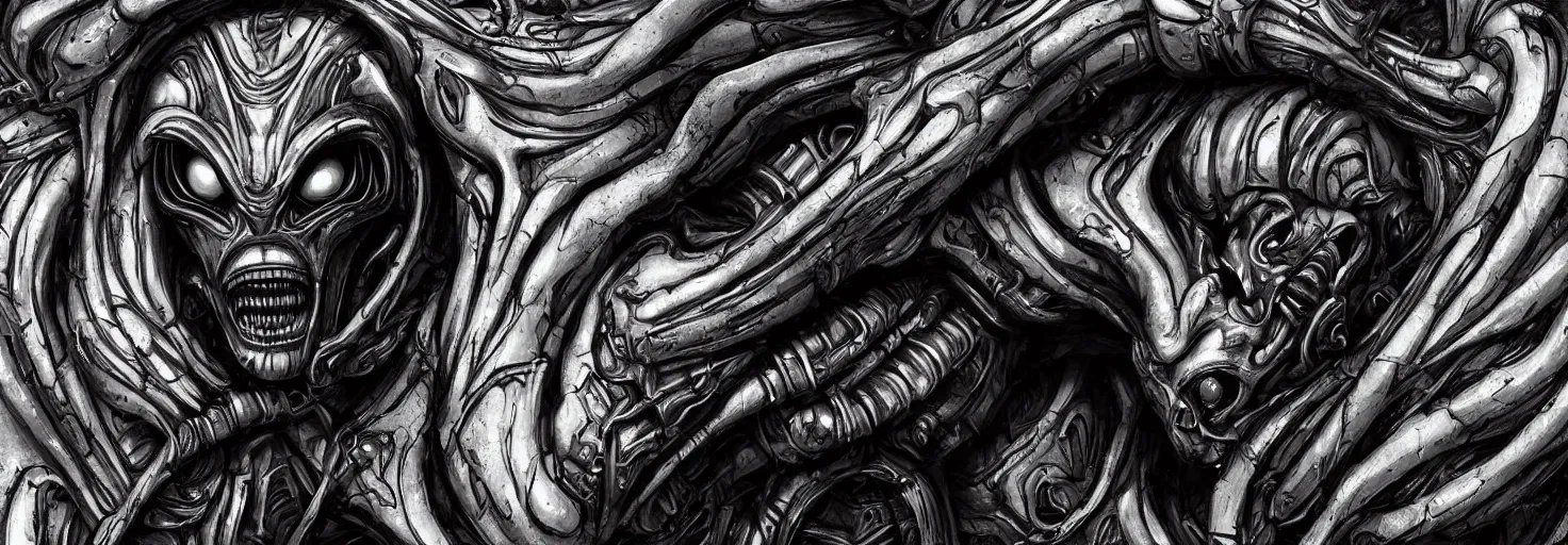 Prompt: engineer alien face by Artgerm, xenomorph alien, highly detailed, symmetrical long head, cinematic colour, smooth marble surfaces, detailed ink illustration, raiden metal gear, cinematic smooth stone, deep aesthetic, concept art, post process, 4k, carved marble texture and silk cloth, latex skin, highly ornate intricate details, prometheus, evil, moody lighting, hr geiger, hayao miyazaki, indsutrial Steampunk, by Artgerm