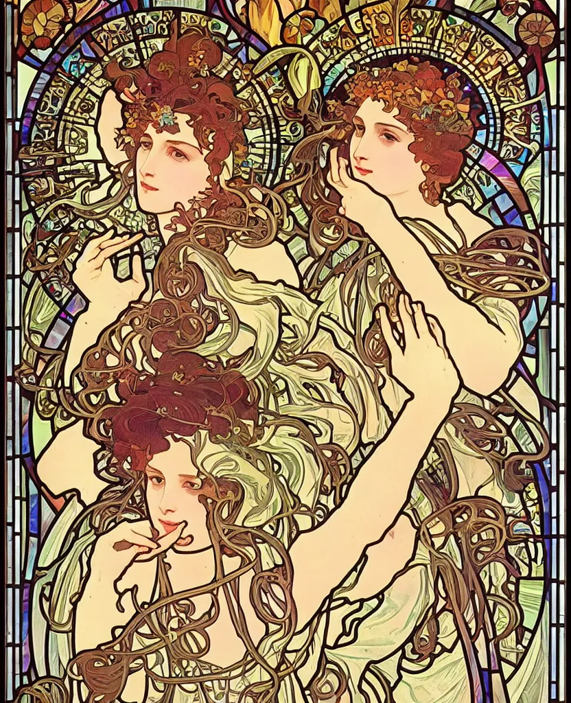 Prompt: goddess of hearing protection, ear plugs, music, dance, burning man, intricate, stained glass by alphonse mucha