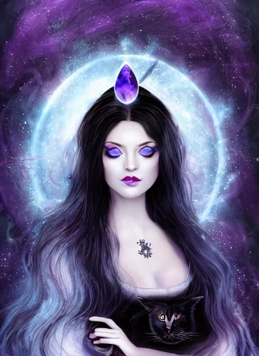 Image similar to a beautiful witch with long dark hair, large blue eyes and a very cat like eye make - up holding a wand with a very large magical gemstone at the top radiating energy.