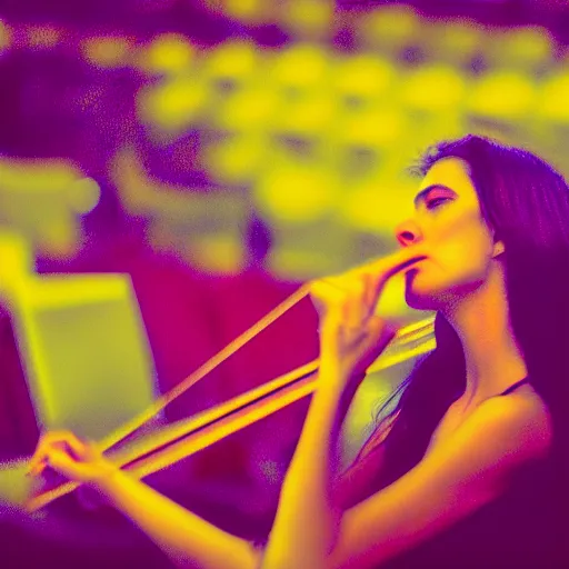 Image similar to “a woman with synesthesia listening to an orchestra at a concert hall, digital art”