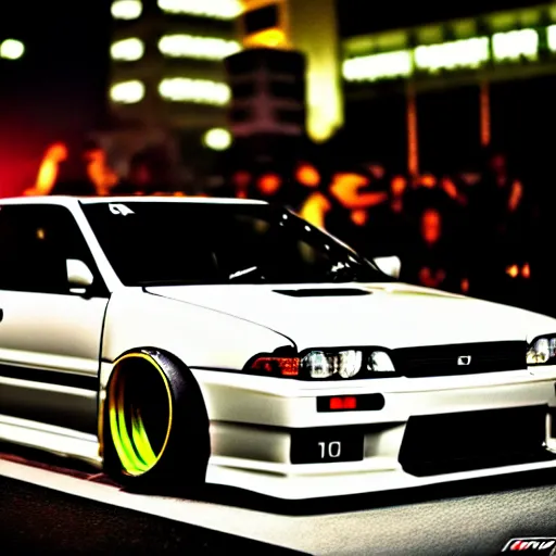 Image similar to a car JZX90 twin turbo drift at illegal car meet, Shibuya prefecture, city midnight mist lights, cinematic lighting, photorealistic, highly detailed wheels, high detail