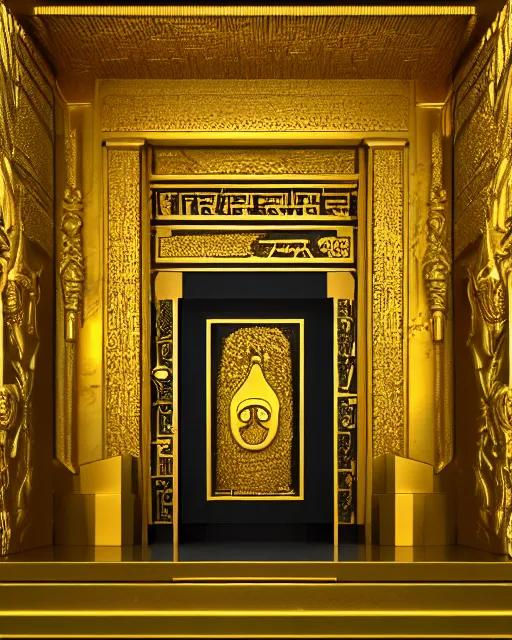 Image similar to scientifically realistic render scifi golden entrance to royal ancient temple carved out of marble skeleton and blue gems rendered in octane