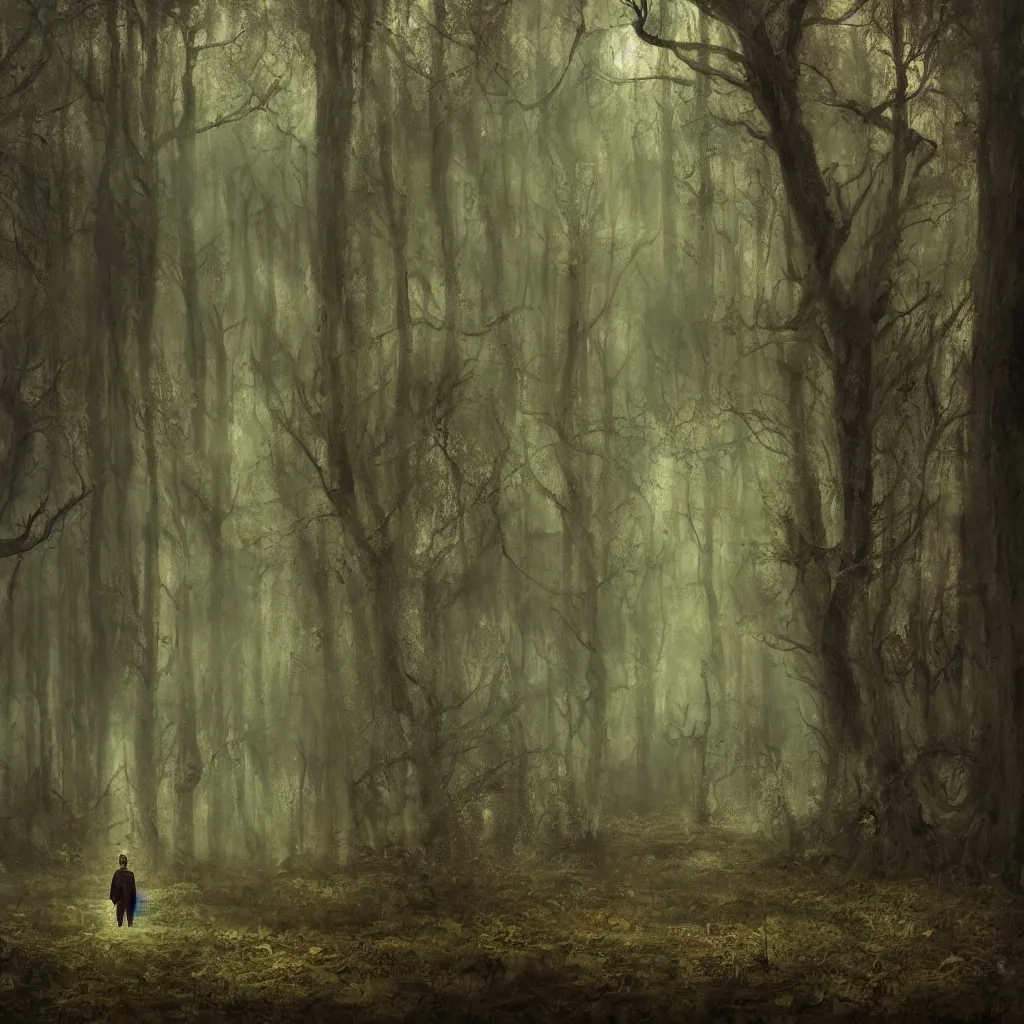 Image similar to a surreal dreamlike scene of a door in the middle of a forest, somber melancholic matte painting, highly detailed oil painting, liminal space, 8k, stillness, solitude, mysterious magical atmosphere, masterpiece