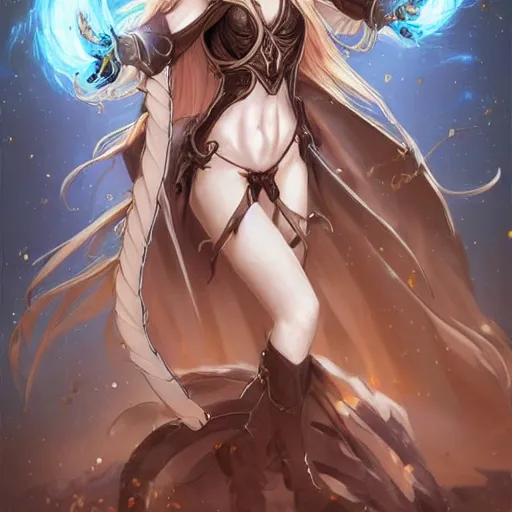 Image similar to “A detailed gorgeous beautiful anime woman with brown flowing hair, sorcerer , long blue cape, decorative leather armor, excellent detail, surrounded by a catacomb of books, high quality, Full-body character portrait, in the style of rossdraws, trending on artstation, hyper detailed, official art”