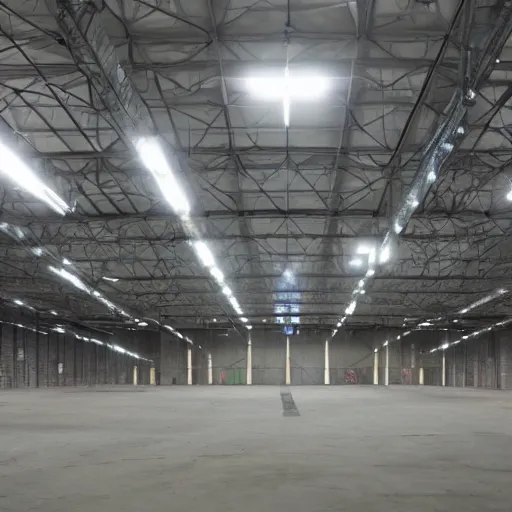 Prompt: the scariest liminal space warehouse ever, cctv,