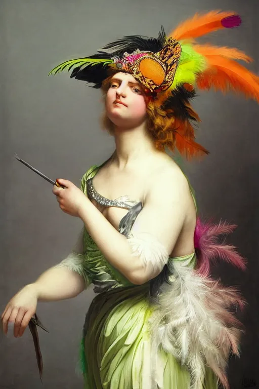 Prompt: a character wearing a feather costume with fluo colored details, muted colors, neoclassicism, hyper real painting