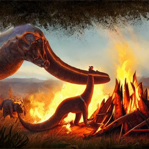 Prompt: a adventurer roasting brachiosaurus bone meat over a bonfire, fantasy art, highly detailed, fantasy, artstation