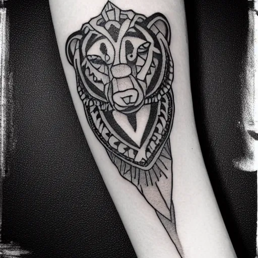 Image similar to tattoo sample stencil. pencil line drawing, black and white, bear