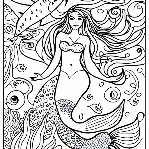 Prompt: A mermaid in the sea surrounded by some fishes, Coloring for toddlers, Outline with high quality