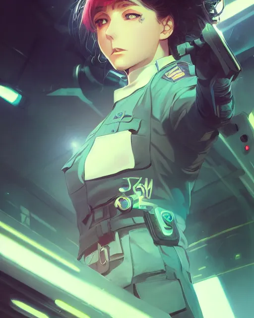 Image similar to anime key visual of a young female police officer, neon, cyberpunk, futuristic, stunning, highly detailed, digital painting, artstation, smooth, soft focus, rule of thirds, illustration, art by artgerm and greg rutkowski and alphonse mucha