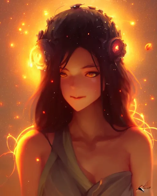 Prompt: goddess of the night surrounded by fireflies, wide angle view, cushart krenz, very detailed, realistic face, detailed face, matte, tonemapping, perfection, 4 k